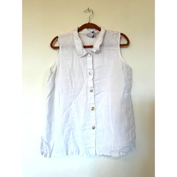 Match Point Tops - Vtg 90s Match Point 100% linen sleeveless button down shirt white M cottagecore